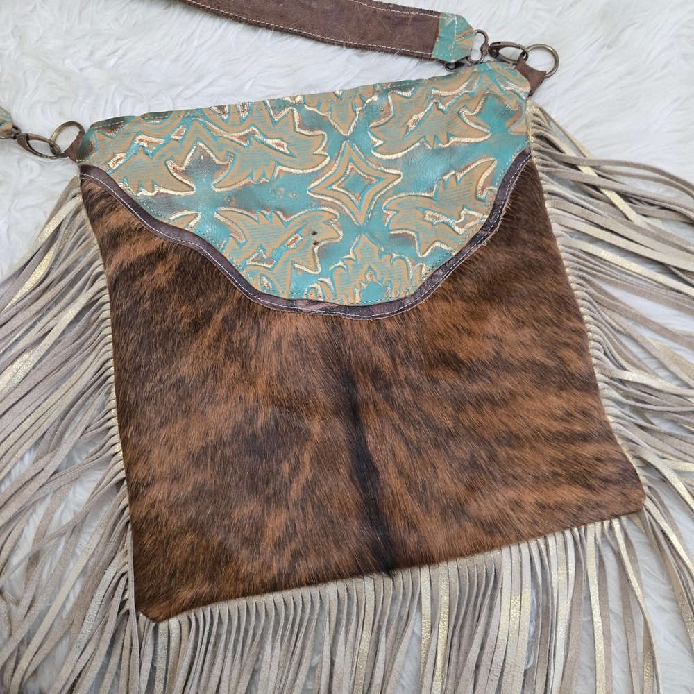Dancing Cactus Designs Cowhide Fringe Crossbody Bag Turquoise Leather Western - Picture 15 of 16